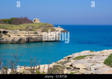 Scogliere rocciose sulla costa tra Roca e Torre dell'Orso nel Salento Foto Stock