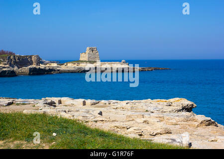 Scogliere rocciose sulla costa tra Roca e Torre dell'Orso nel Salento Foto Stock