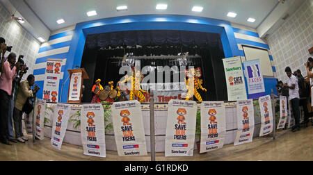 Tiger Mask Dance da tribali locali da Simlipal Riserva della Tigre, eseguendo in un auditorium di Kolkata, West Bengal, India Foto Stock