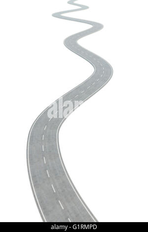 Curva della strada asfaltata andando avanti con marcature bianche. 3d illustrazione Foto Stock