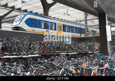 ROTTERDAM, OLANDA-Maggio 18, nuova bicicletta dello spazio di archiviazione per migliaia di biciclette presso l'backsite di nuova generazione alla stazione centrale di Rotterdam o Foto Stock