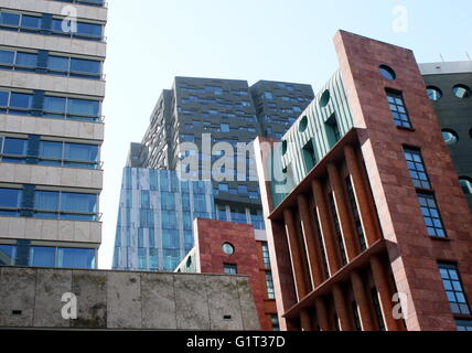 Un assortimento di torri e grattacieli a Amsterdam il quartiere finanziario Zuidas (Asse Sud), Amsterdam, Paesi Bassi. In retro: la roccia Foto Stock