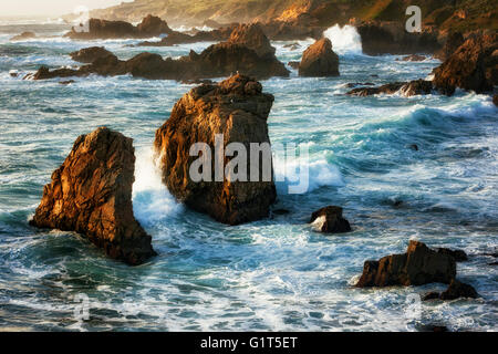 Luce della Sera La bellezza sulle onde del mare e pile a Garrapata State Park lungo la California's Big Sur Costa. Foto Stock