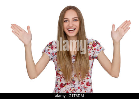 Felice giovane donna isolato su sfondo bianco Foto Stock