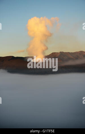 Alba sul fumo Gunung vulcano Bromo, Bromo-Tengger-Semeru National Park, Java, Indonesia. Foto Stock