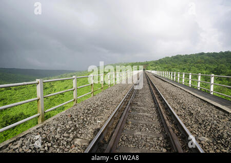 Vista in prospettiva di un binario ferroviario e tunnel nella stagione delle piogge, vicino ratnagiri, Maharashtra, India Foto Stock