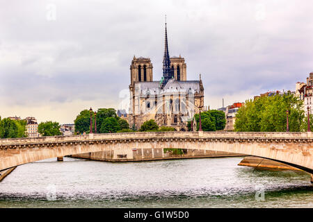 Archi rampanti guglie torri Seine River Bridge cielo nuvoloso la cattedrale di Notre Dame Parigi Francia. Foto Stock