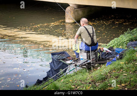 Il pescatore appollaiato sulla riva del fiume in Chippenham Wiltshire, Inghilterra REGNO UNITO Foto Stock