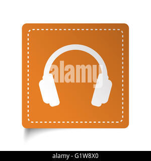 Piatto bianco icona cuffie su adesivo arancione Foto Stock