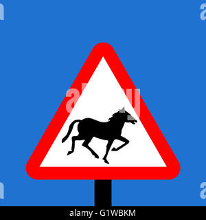 Il triangolo di avvertenza Wild cavalli o pony segno Foto Stock