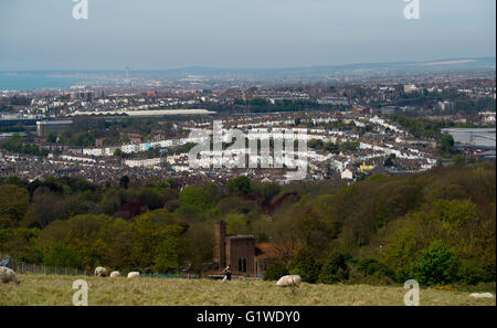 Vista attraverso la città di Brighton dal Tenantry giù quote su una collina con pecore pascolo , Inghilterra Regno Unito Foto Stock