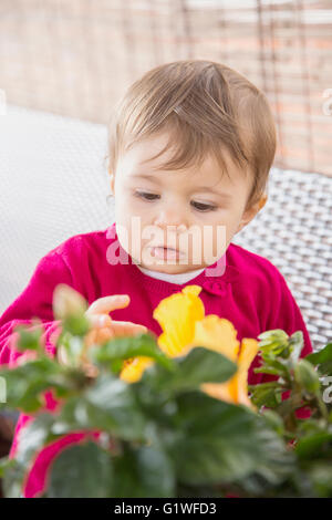 Curioso di un anno di età bambina guardare fiori gialli Foto Stock