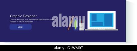 Ufficio progettazione area di lavoro con strumenti e dispositivi in moderno stile piatto. Processo creativo, graphic design, progettazione agenzia. Illustrazione Vettoriale