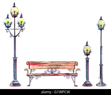 Set di acquerelli di lanterne di strada e panca Foto Stock