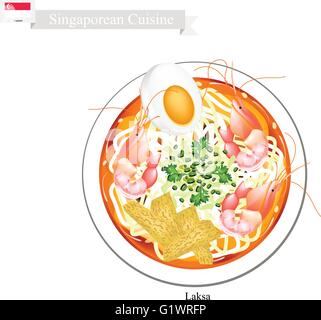 Cucina di Singapore, Laksa o riso tradizionale a base di noodle servita nella zuppa piccante. Uno dei più popolari piatto in Singapore. Illustrazione Vettoriale