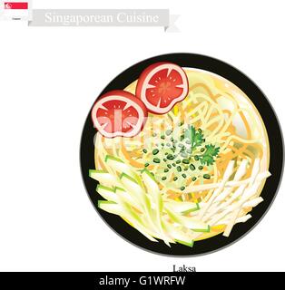 Cucina di Singapore, Laksa o riso tradizionale a base di noodle servita nella zuppa piccante. Uno dei più popolari piatto in Singapore. Illustrazione Vettoriale