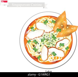 Cucina di Singapore, Laksa o riso tradizionale a base di noodle con Carne Palla e gnocco servita nella zuppa piccante. Uno dei più popolari Illustrazione Vettoriale