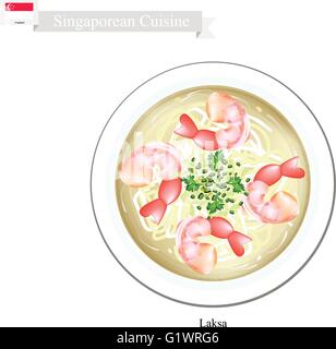 Cucina di Singapore, Laksa o riso tradizionale a base di noodle in zuppa piccante. Uno dei più popolari piatto in Singapore. Illustrazione Vettoriale