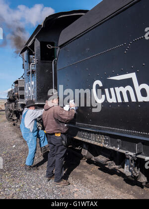 Ingegnere di conduttore e riesaminare le informazioni, Cumbres & Toltec Scenic Railroad tra Chama, Nuovo Messico Foto Stock