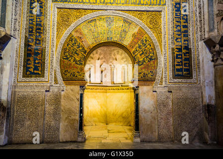 Mihrab è una nicchia semicircolare nella parete di una moschea che indica la qibla; che è la direzione della Kaaba della Mecca Foto Stock