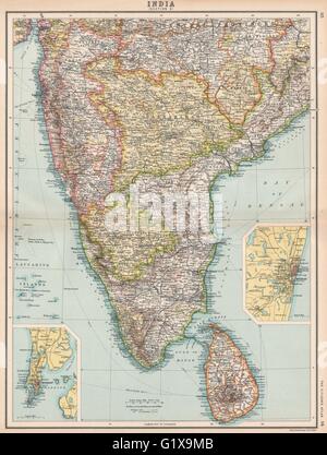 Sud India britannica CEYLON SRI LANKA. Madras Chennai e Mumbai Bombay, 1912 Mappa Foto Stock