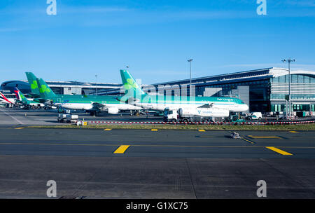 Dublino, Irlanda - 01 February, 2015: Aer Lingus aerei schierati al Terminal 2 dell'aeroporto di Dublino in Irlanda Foto Stock