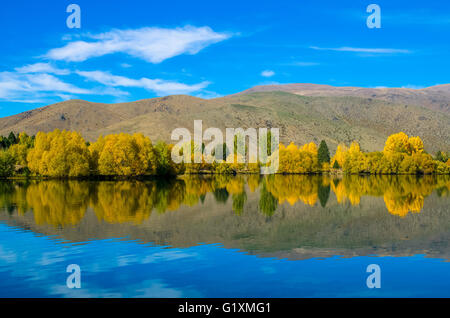 Autunno riflessioni a braccio Wairepo, Lago Ruataniwha in Nuova Zelanda. Foto Stock