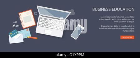 Design piatto moderno vettore illustrazione concetto di istruzione, business, marketing e-mail marketing, gestione con laptop, mobi Illustrazione Vettoriale