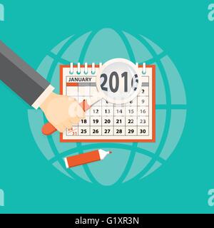 Appartamento illustrazione vettoriale. mani con lente di ingrandimento, markerl e calendario gennaio 2016. eps 10. Illustrazione Vettoriale