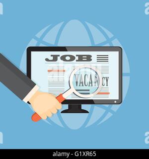 Appartamento illustrazione vettoriale. mano con lente di ingrandimento, sullo schermo del computer e globo. eps 10 Illustrazione Vettoriale