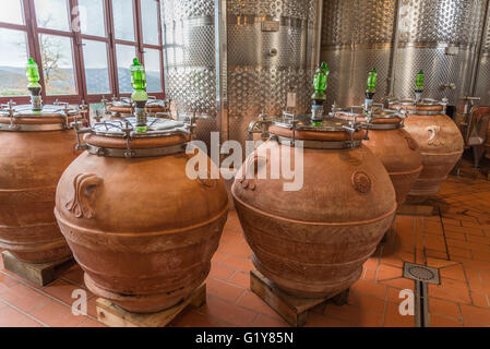 La fermentazione del vino rosso 'Dino' in anfore in cantina toscana Fontodi, Panzano (Greve in Chianti) Foto Stock