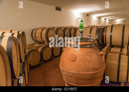 La fermentazione del vino rosso 'Dino' in anfore in cantina toscana Fontodi, Panzano (Greve in Chianti) Foto Stock