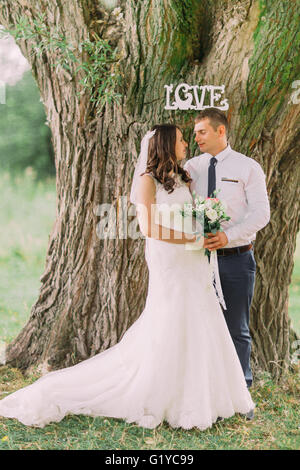 Abbracciando piuttosto sposi novelli che pongono nel parco sotto decorazioni per matrimoni parola AMORE Foto Stock