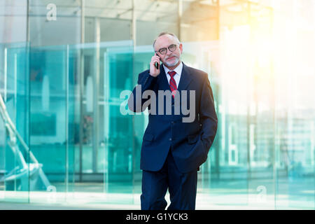 Imprenditore parlando al telefono cellulare Foto Stock