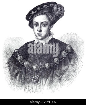 Edoardo VI Re di Inghilterra e Irlanda. Incoronato il 20 febbraio all età di nove anni, egli era il figlio di Enrico VIII e Jane Seymour, Edward era il terzo sovrano della Dinastia Tudor e Inghilterra del primo monarca sollevato come un protestante. Nel febbraio 1553, a 15, Edward cadde ai malati terminali e morì 1553. Foto Stock