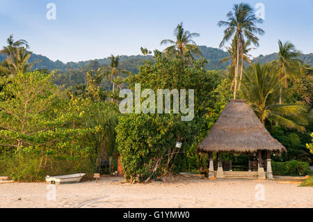 Piccola capanna con tetto di paglia su una spiaggia tra le palme e la natura con le montagne sullo sfondo (Thailandia). Foto Stock