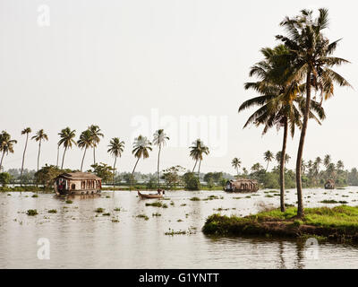 Case galleggianti lungo un canale nel Kerala backwaters.India Foto Stock