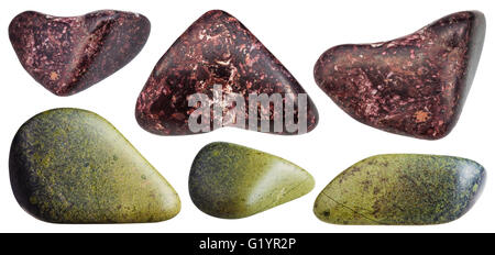 Set di vari minerali naturali pietre - lucidato rosso Piemontite (Manganepidot e manganesian epidoto) e verde epidoto gemston Foto Stock