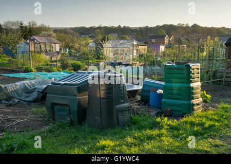 Burley in Wharfedale, West Yorkshire, Inghilterra - assegnazioni con il compost cassonetti (in varie forme e dimensioni) e serre. Foto Stock