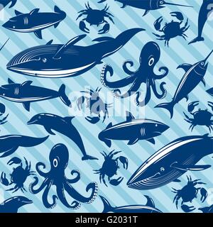 Modello senza cuciture con animali del mare blu su sfondo a strisce Illustrazione Vettoriale
