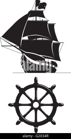 Nave a vela e volante isolati su sfondo bianco Illustrazione Vettoriale