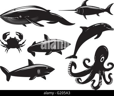Collezione di animali marini isolati su sfondo bianco. Illustrazione Vettoriale