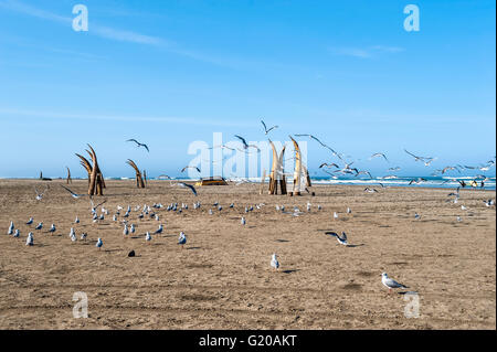 Tradizionale peruviano di piccole barche Reed (Caballitos de Totora), paglia barche ancora utilizzato da fishermens locale in Perù Foto Stock