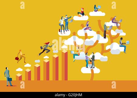 Il grafico a barra e il Cloud Computing. Uomo di affari e le donne d'affari scala tramite un grafico a barre che lavorano insieme con successo. Illustrazione Vettoriale
