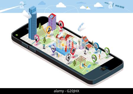 Mappa della città con i servizi GPS icone. Smart phone. Su di esso schermo una mappa vettoriale della città, dove appaiono i perni con la posizione. Illustrazione Vettoriale