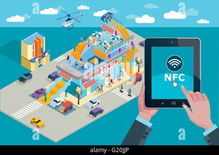 Mani touchscreen smart phone. Le applicazioni mobili e NFC icona. Sullo sfondo di un centro commerciale in vista isometrica. Illustrazione Vettoriale