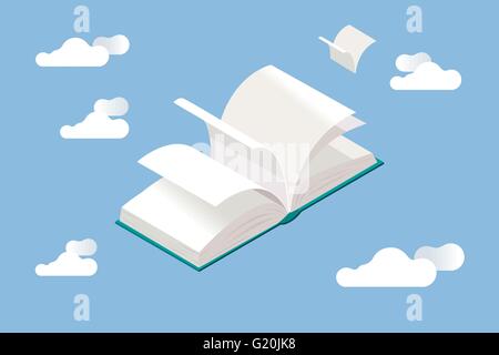 Libro aperto con battenti pagine bianche, in prospettiva isometrica. Illustrazione Vettoriale