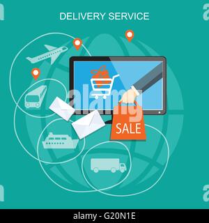 Design piatto moderno vettore illustrazione nozione di consegna acquisti su internet, il marketing con mano e web icone. eps 10 Illustrazione Vettoriale