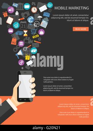 Design piatto moderno vettore illustrazione concetto di mobile banking, shopping, marketing con il cellulare in mano e icona web Illustrazione Vettoriale