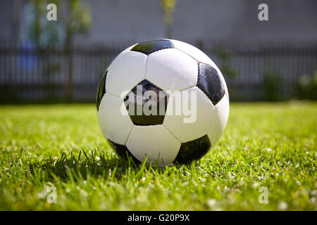 Il calcio di gioco del calcio che giace sull'erba verde del giardino Foto Stock